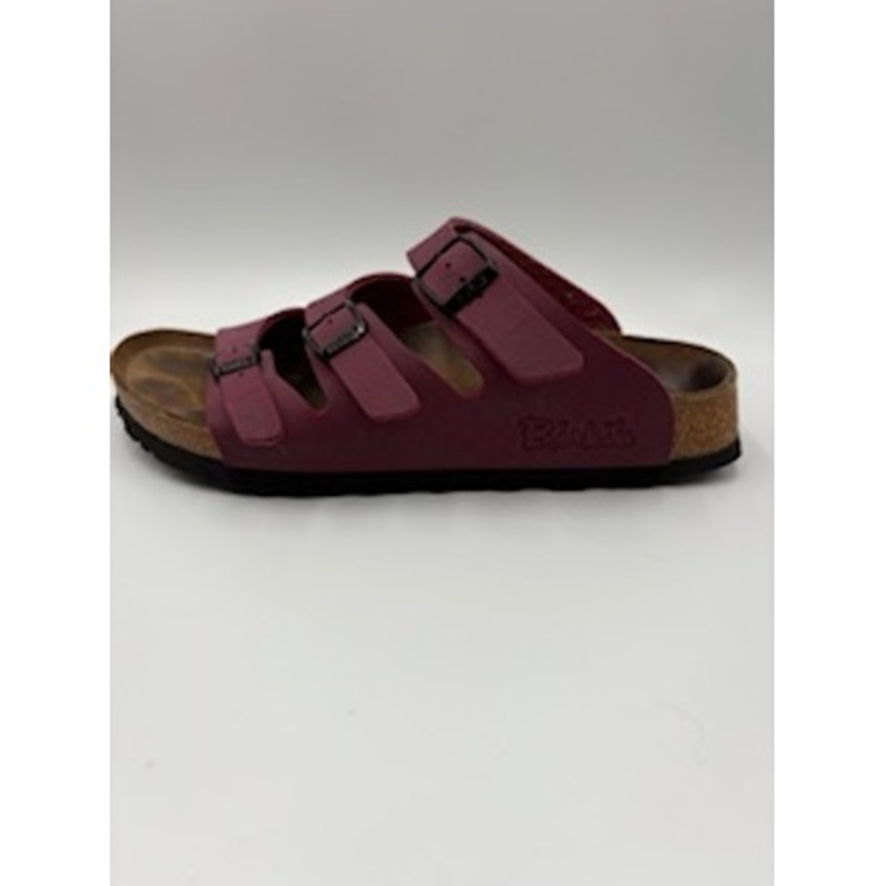 Birki's Birkenstock Sandals 6.5 Burgundy Triple Strap Slide Comfort Gorpcore - Picture 2 of 7